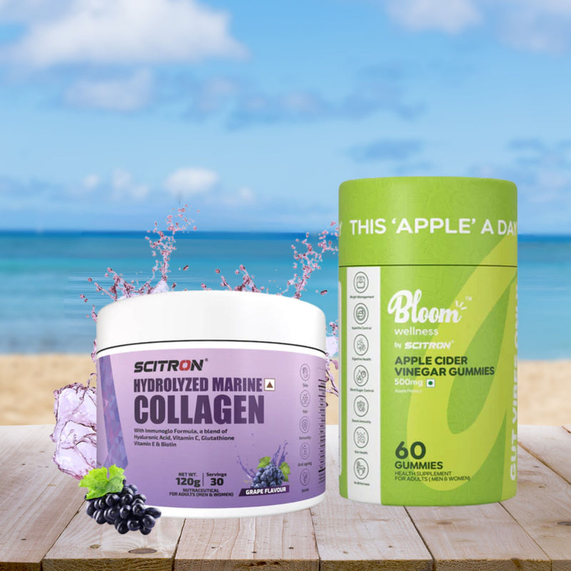 Scitron Hydrolyzed Marine Collagen Peptides Grape 120g with Bloom Wellness ACV Gummies 500mg