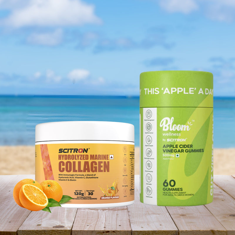 Scitron Hydrolyzed Marine Collagen Peptides Orange 120g with Bloom Wellness ACV Gummies 500mg