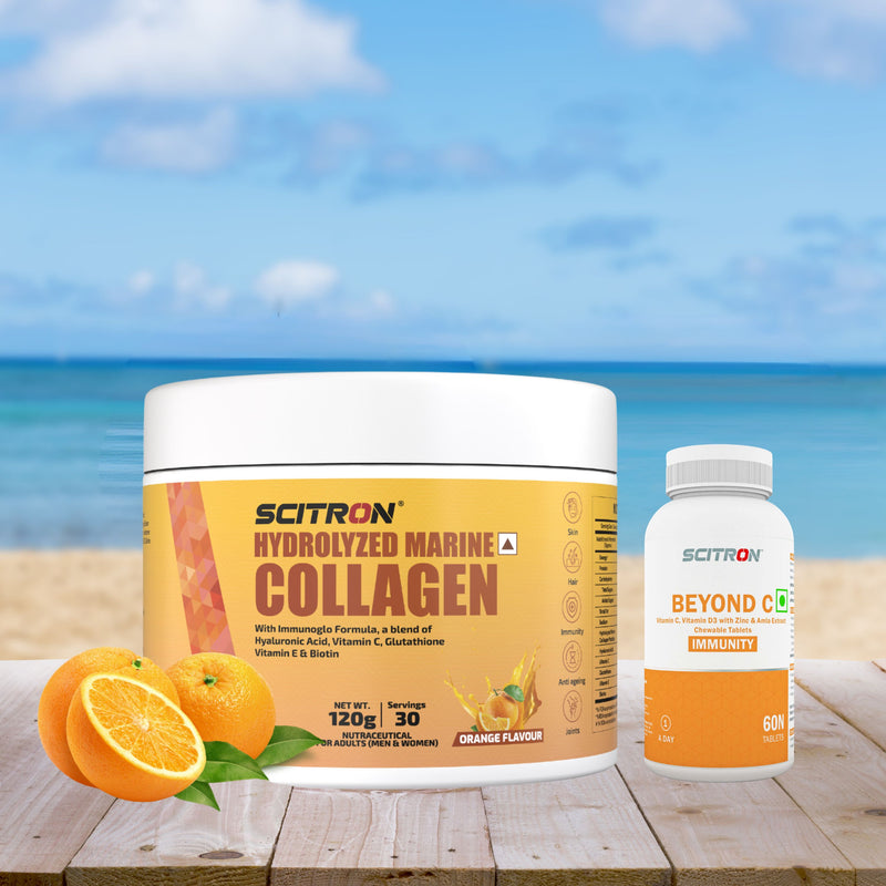 Scitron Hydrolyzed Marine Collagen Peptides Orange 120g with Scitron Beyond C Immunity Orange 60 Tabs