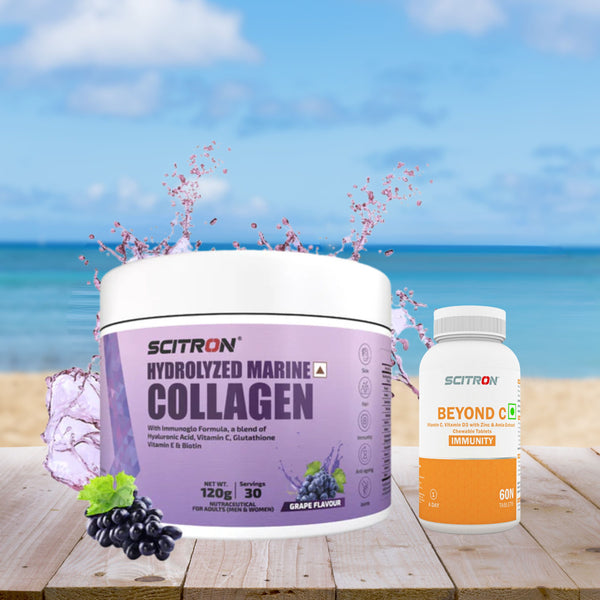 Scitron Hydrolyzed Marine Collagen Peptides Grape 120g with Scitron Beyond C Immunity Orange 60 Tabs