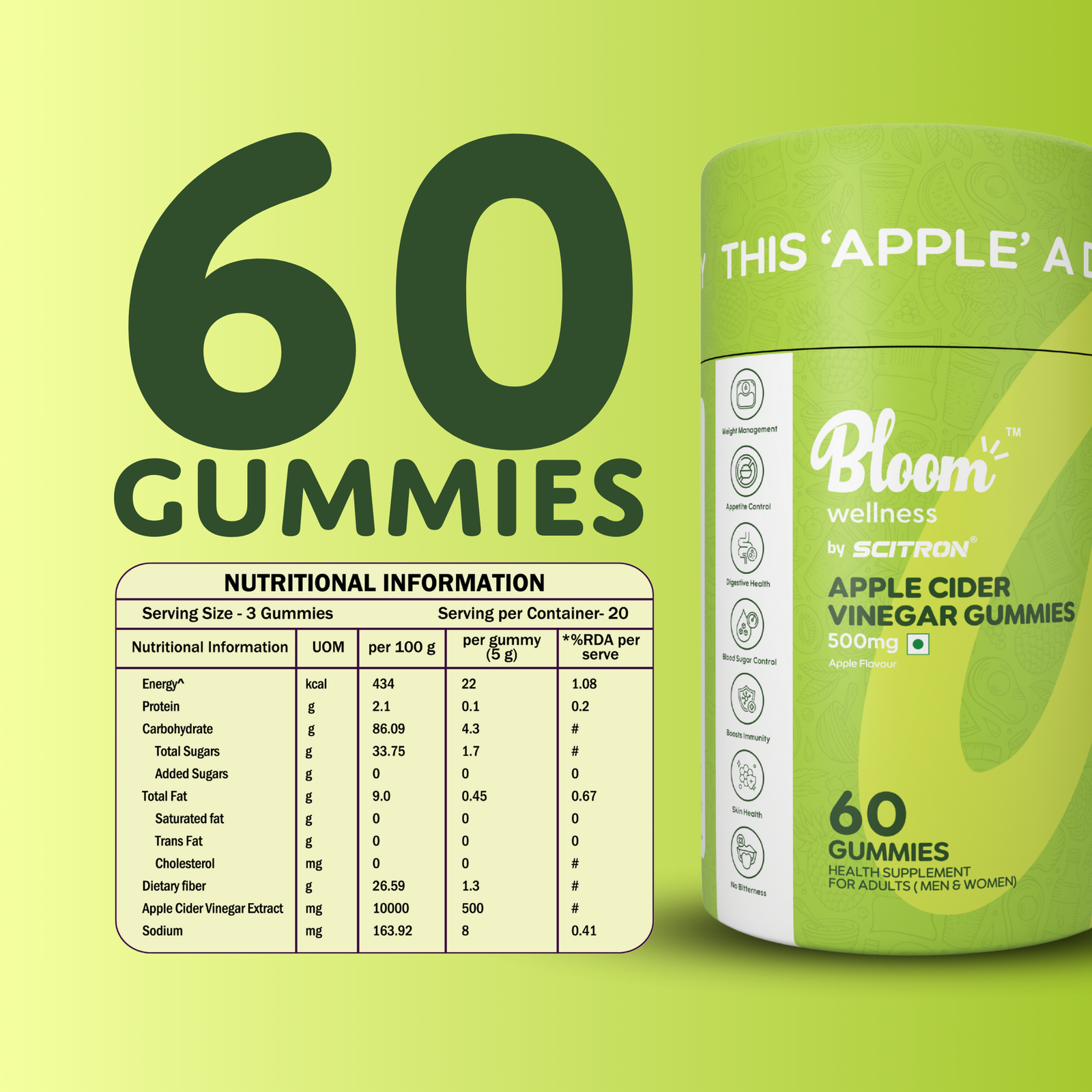 Apple Cider Vinegar Gummies Apple Flavor | 60 Pcs