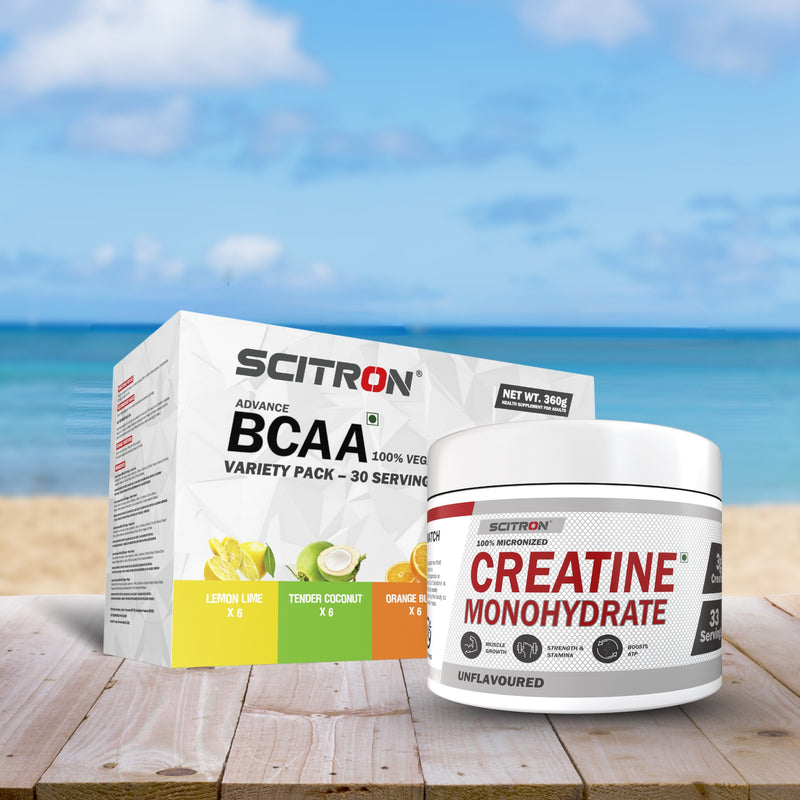 Scitron Advance 100% Vegan BCAA 12g x 7 x 4 Variety Flavor  Variety Pack -36g With Scitron Creatine Monohydrate unflavoured 100g